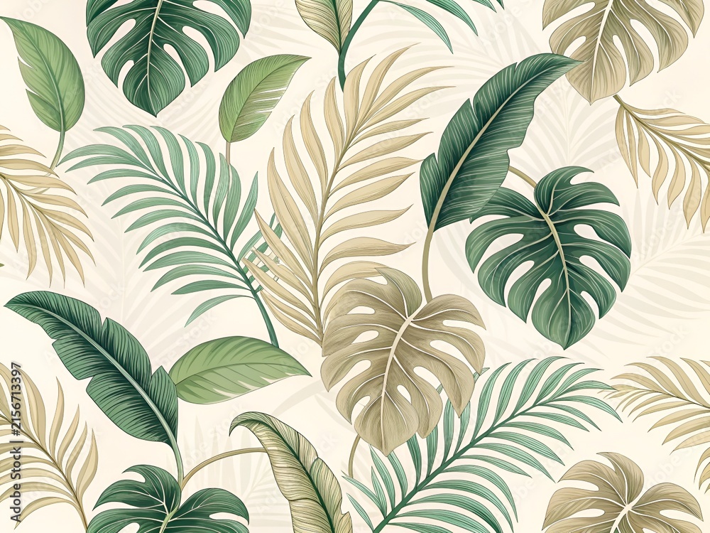 Fototapeta premium Tropical foliage pattern with monstera and palm leaves in muted green and beige tones