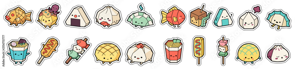 Fototapeta premium Kawaii Asian Street Food Folded Paper Character Sticker Set