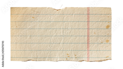 Photography Torn aged lined paper with blue horizontal lines and red vertical margin, isolat