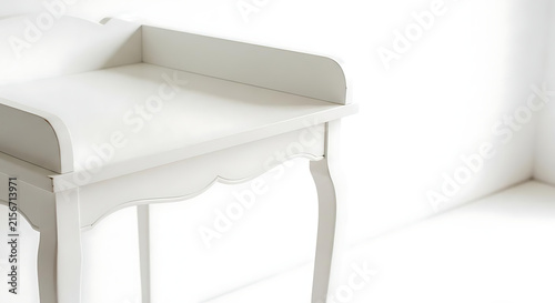 Minimalist white wooden vanity table with elegant curved legs and smooth surface for interior design