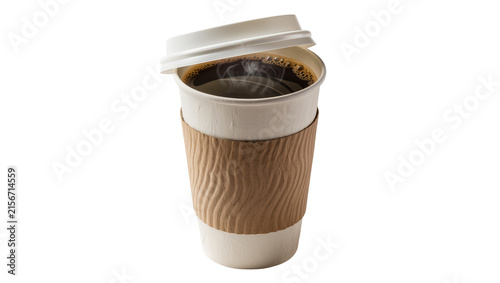 Obraz na plátně Steaming hot coffee in a disposable paper cup with brown corrugated sleeve, isol