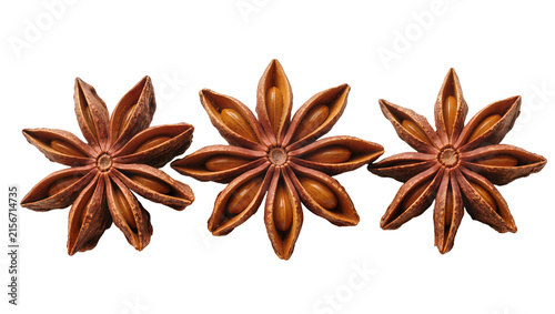 Canvastavla Three star anise spice pods with visible seeds, isolated on transparent backgrou