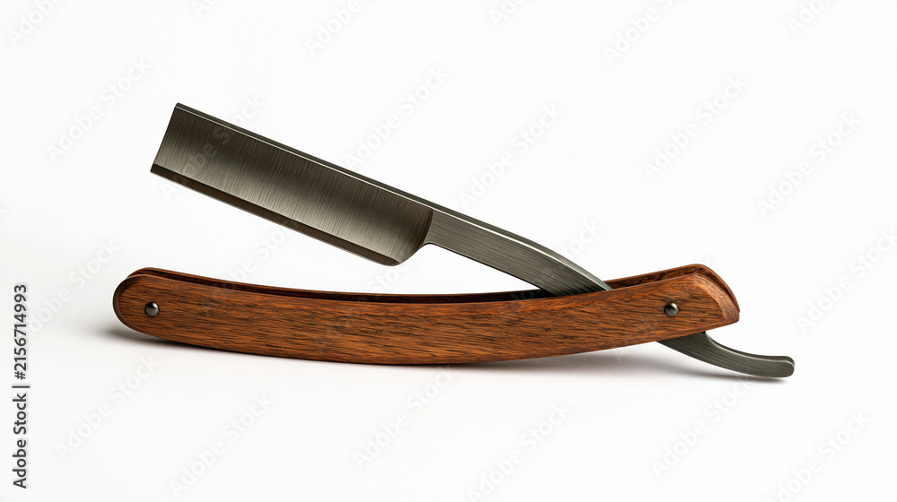 Obraz premium Elegent photo of A sharp straight razor with a wooden handle isolated on white background. Perfect for professional barber shop and grooming branding projects.