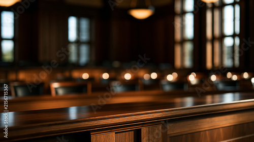 Elegent photo of Empty courtroom wooden bench with blurred interior and soft lighting. This professional setting is perfect for legal concepts, judicial storytelling, or justice system news.