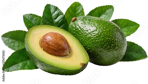 Konstfotografi Whole and halved green avocado with large brown seed surrounded by fresh leaves,