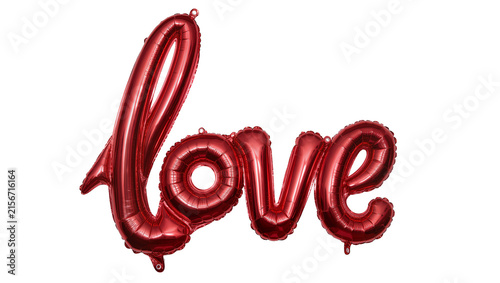 Foto Shiny red metallic cursive love balloons, isolated on transparent background