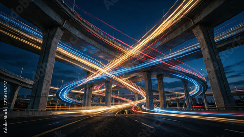 Fast moving traffic creating light trails on a highway