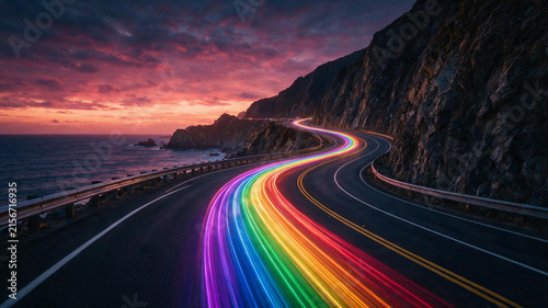 Colorful rainbow light trails on a busy highway