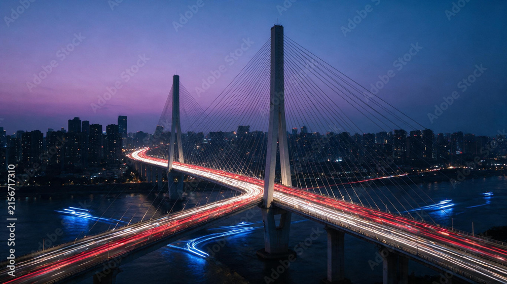 Obraz premium Scenic view of a bridge illuminated at dusk