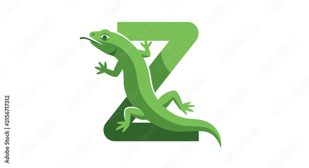 Naklejka premium Green Lizard Climbing on Letter Z Logo, Reptile Animal Graphic