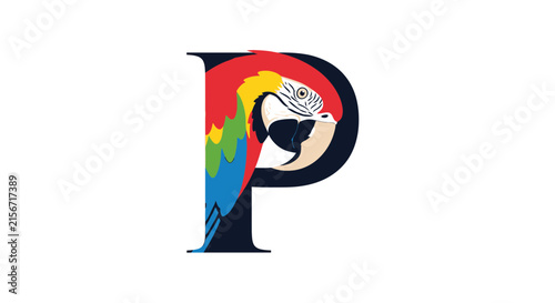 Colorful Macaw Parrot Head Integrated into Decorative Letter P, Tropical Bird Design