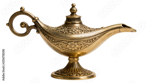 Obraz na plátne Ornate antique brass genie lamp with floral engravings, isolated on transparent