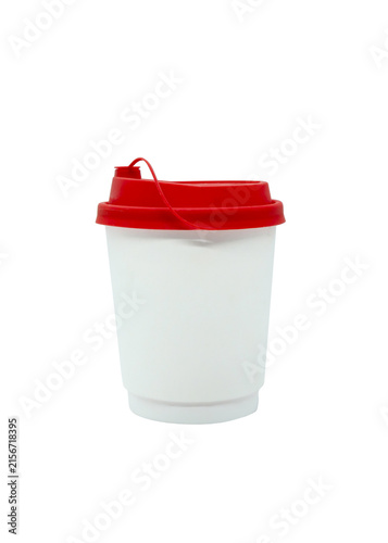 White disposable coffee cup with red lid isolated on white background. Blank mockup template for creative design and branding projects. Minimalist product photography concept.