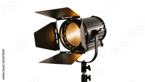 Foto Professional black Fresnel spotlight with barn doors, isolated on transparent ba