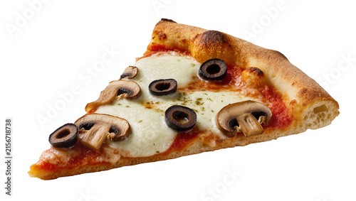 Cuadro en lienzo Delicious slice of pizza with mushrooms and olives, isolated on transparent back