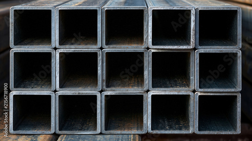 Elegent photo of A stacked grid of square steel tubes in an industrial warehouse. This metal construction material is perfect for architectural or engineering project themes.