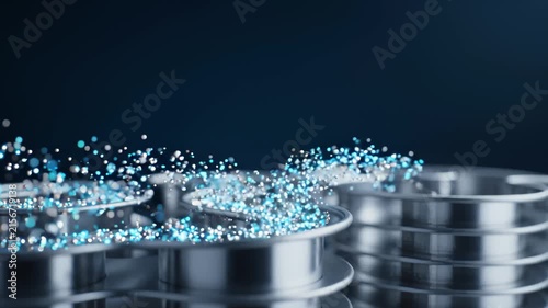 Abstract Metallic Structures With Floating Glowing Blue Particles in Motion
