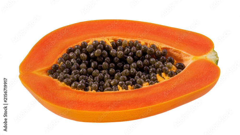 Fototapeta premium Ripe orange papaya half with black seeds, isolated on transparent background