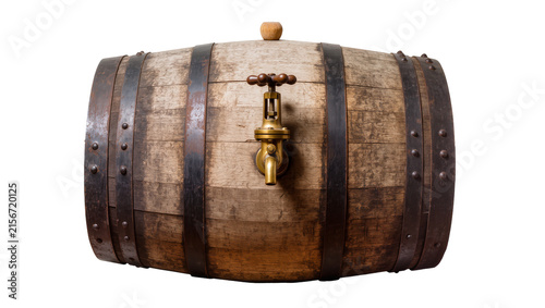 Cuadro en lienzo Wooden barrel with brass spigot and stopper, isolated on transparent background