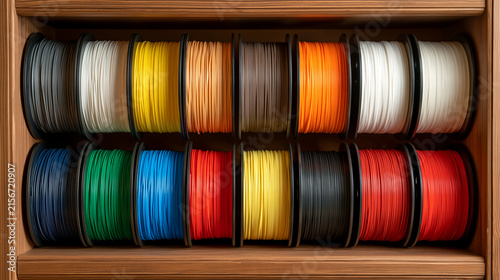 Elegent photo of Colorful 3D printer filament spools organized on a wooden shelf. Represents additive manufacturing supplies for industrial technology and rapid prototyping projects.