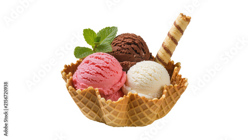 Canvastavla Three scoops of ice cream in a waffle bowl with mint and wafer, isolated on tran
