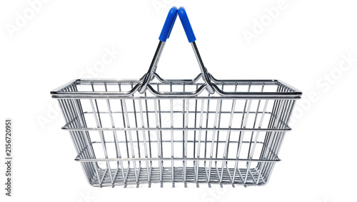 Shiny metal shopping basket with blue handles, isolated on transparent background