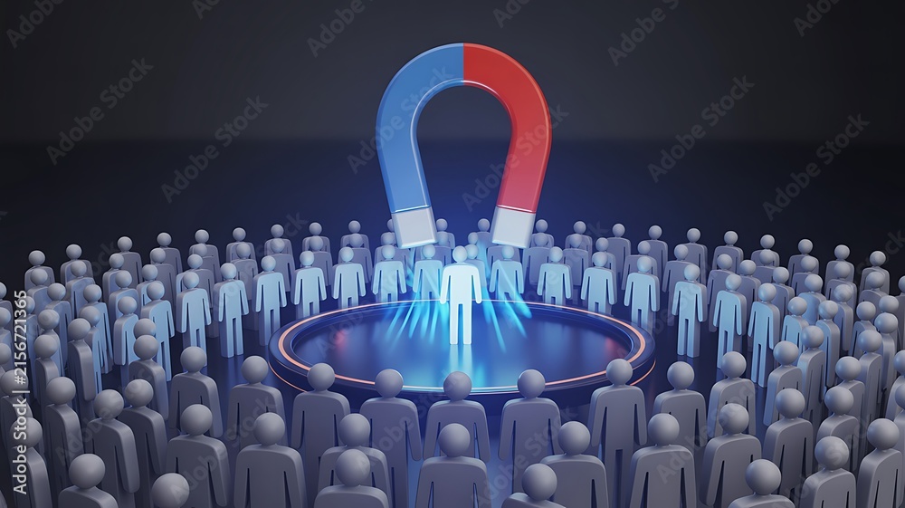 Fototapeta premium Customer attraction concept with colorful magnet drawing a large crowd toward a central business point