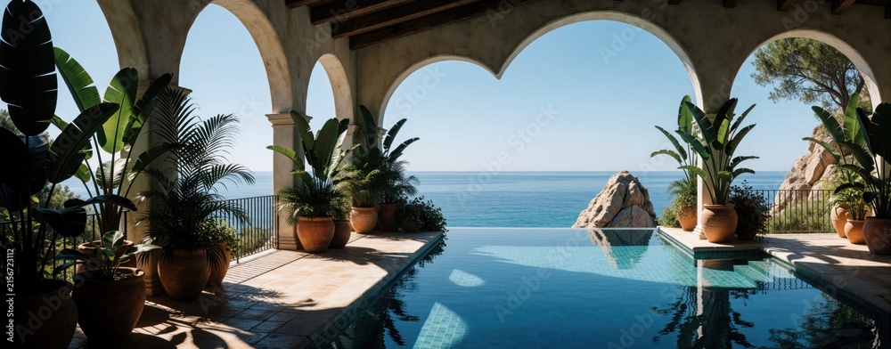 Fototapeta premium Arched balcony overlooks infinity pool and blue ocean. Rich plants frame serene coastal view with rocks and clear sky. Sunny day at luxury resort.