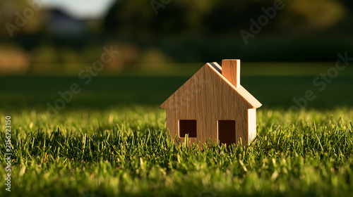 Elegent photo of Small wooden house model sits on green grass in sunlight. Ideal symbol for real estate development, home insurance, and sustainable living concepts.