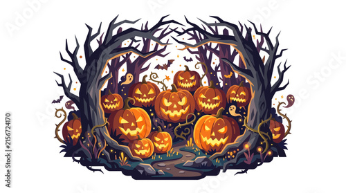 Spooky Halloween Pumpkins in Dark Forest Scene
