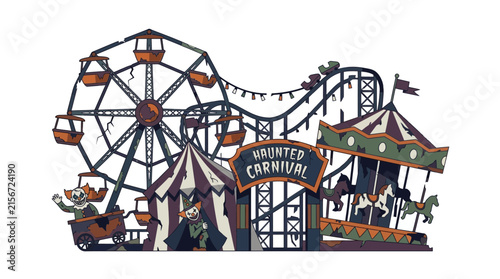 Spooky Carnival Attractions with Clowns and Rides