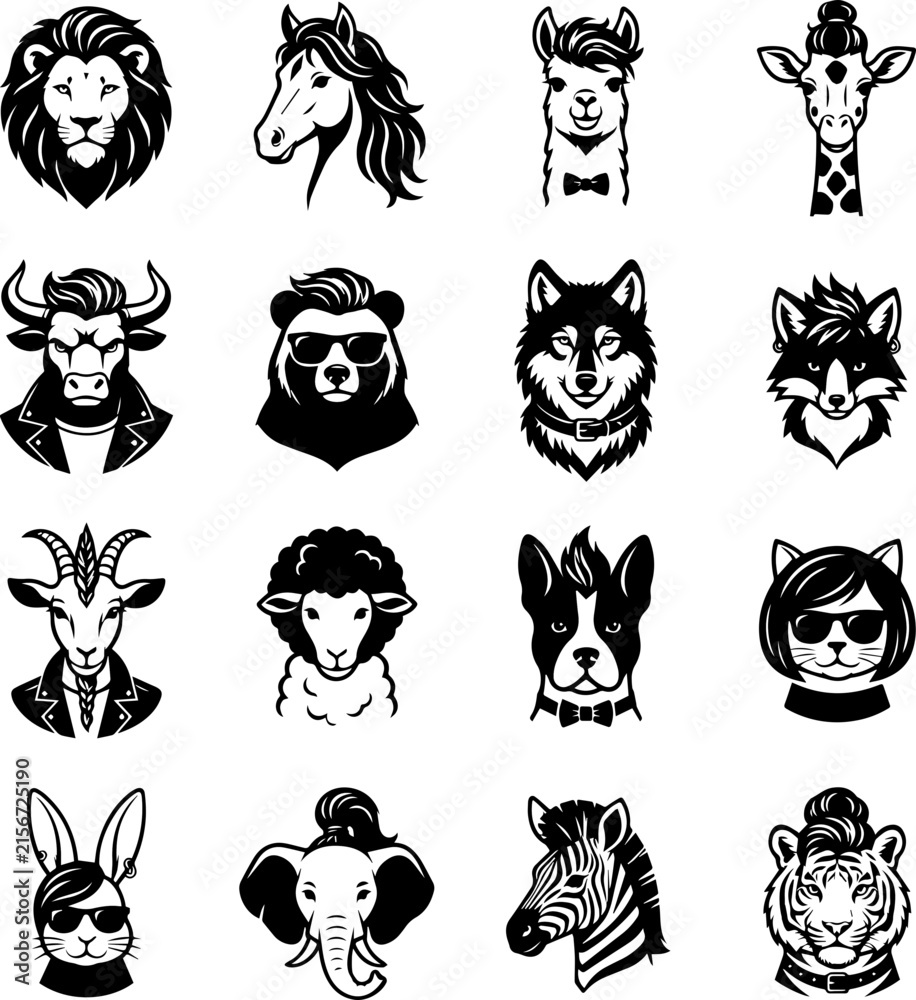 Naklejka premium Animal Celebrity Hairstyle Silhouettes. Black & White SVG Vector Icon Pack