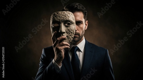 Man in suit holds ancient stone mask obscuring his face. He hides true identity behind facade, posing in studio with dark textured background. Concept of deception.
