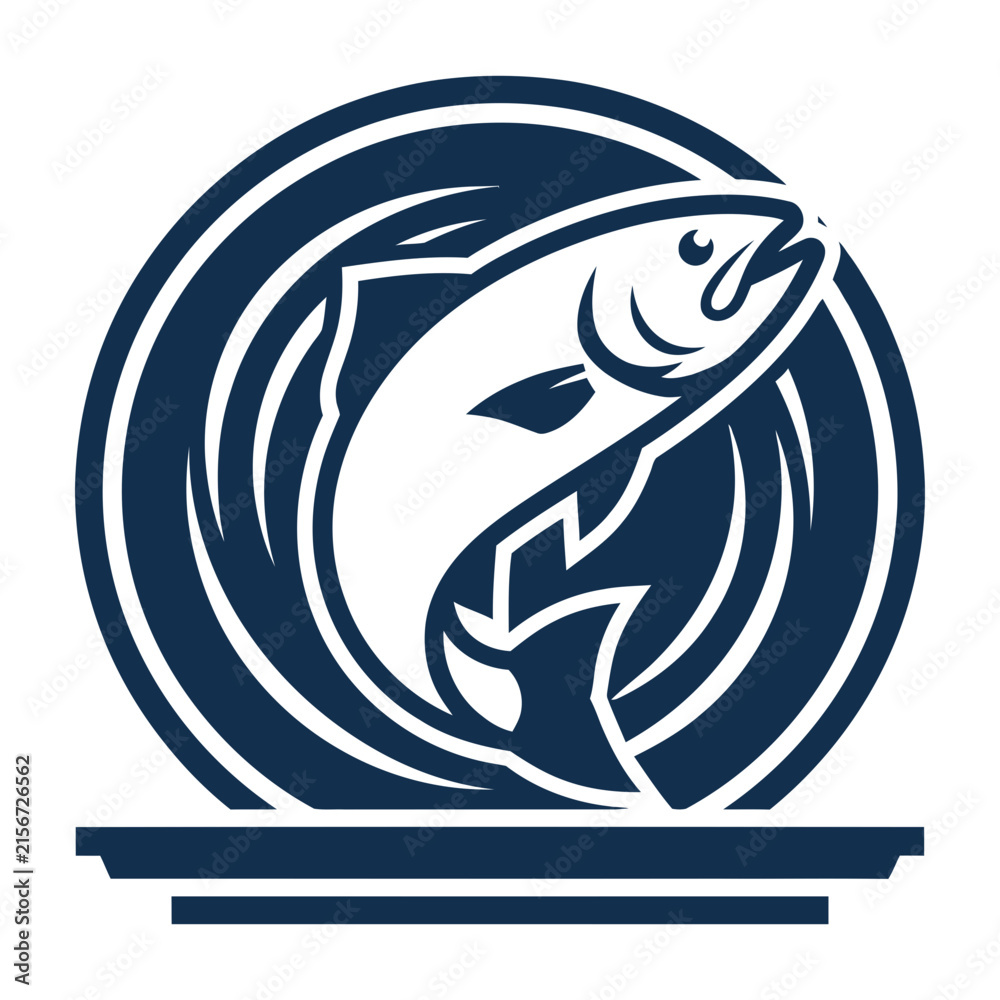 Fototapeta premium Blue Fish Logo Design With Abstract Waves And Circular Motion Elements