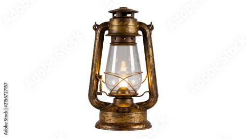 Obraz na płótnie Antique brass kerosene lantern with glass chimney, isolated on transparent backg