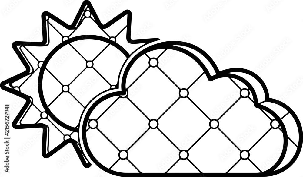 Naklejka premium Puffy Tufted Sun and Rain Cloud Icon With Diamond Quilted Stitching and Monoline Outline Style for Weather Interface