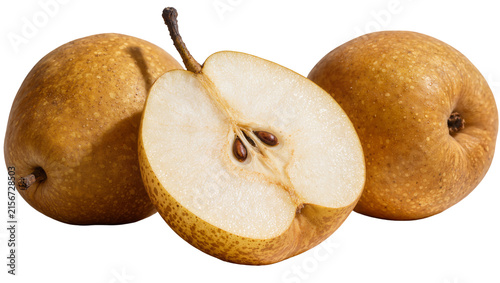 Photography Two whole Asian pears and one halved pear showing seeds, isolated on transparent
