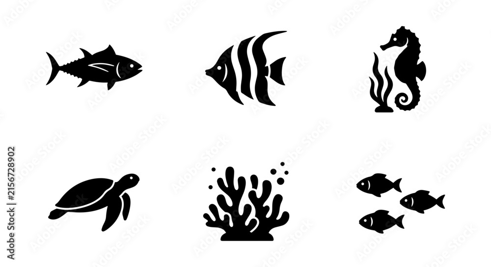 Fototapeta premium Marine Life Icons Set: Tuna, Angelfish, Seahorse, Turtle, Coral, School of Fish Vector Graphics
