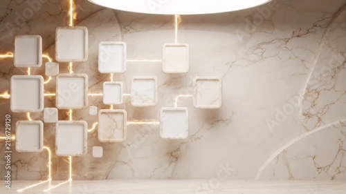 3d Marble Wall Display With Glowing Connection Lines and Empty Frames for Presentation
