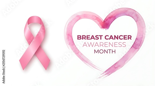 Pink ribbon and watercolor heart supporting breast cancer awareness and hope