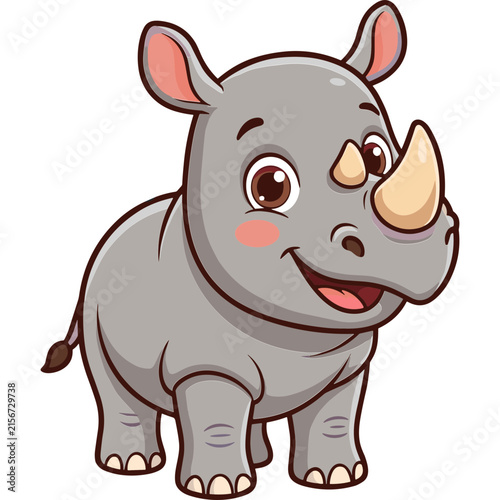 Cute cartoon baby rhinoceros character with a friendly smile and small horn isolated on white background