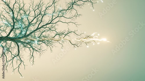 Abstract Digital Tree Growth With Glowing Energy Pulses and Neural Network Connections