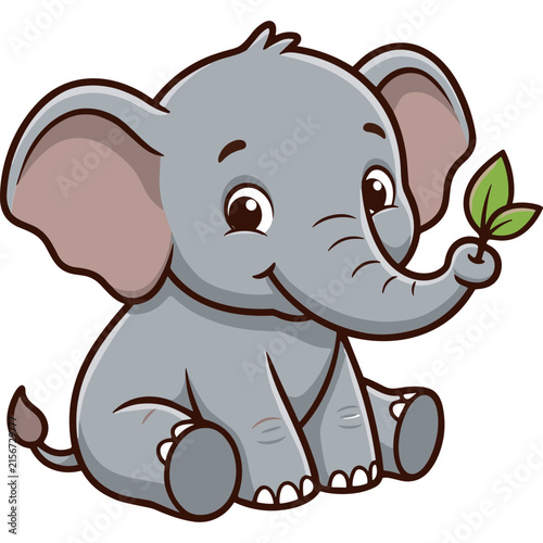 Cute baby elephant holding a green leaf cartoon illustration isolated on white background