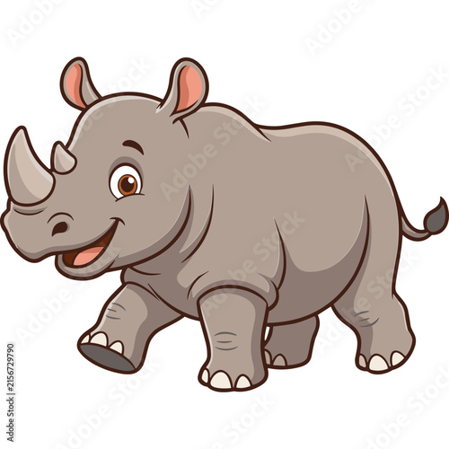 Cheerful Grey Rhinoceros Cartoon Illustration Walking Happily for Kids Safari Themes and Animal Education Projects