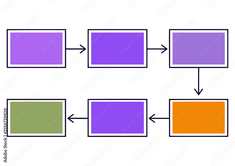 Fototapeta premium Six Rectangular Boxes Connected by Arrows in a Continuous Sequence Flow Diagram