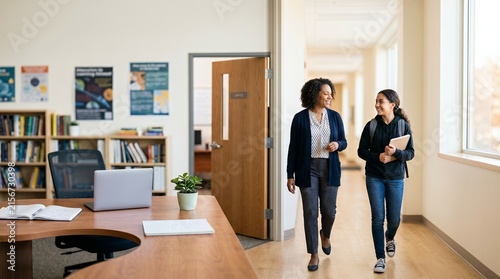 A friendly teacher walking and talking with a student in a school hallway.