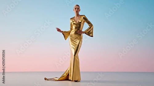 Woman in elegant gold dress at sunset.