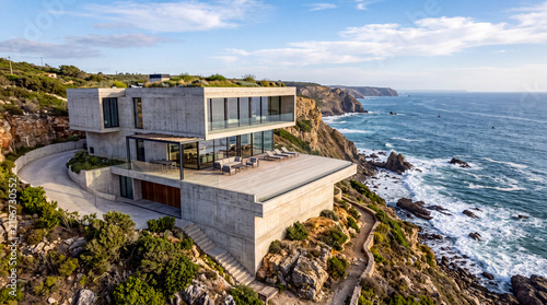 Modern house on a cliff by the ocean with large windows and a deck overlooking the water