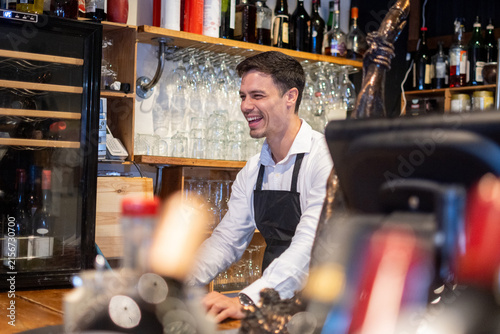 Smiling Bartender Working Behind the Bar in a Restaurant