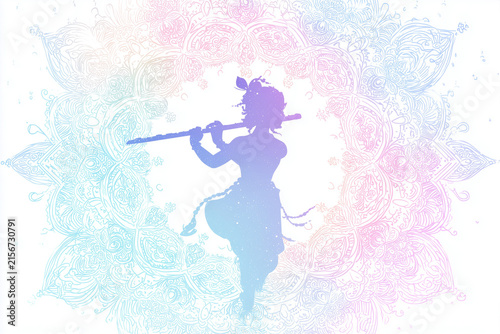  A clean Krishna silhouette inside a mandala on a white background with space for text.
